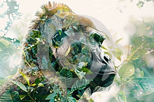 A gorilla overlaid with the lush greenery of a tropical rainforest in a double exposure