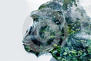 A gorilla overlaid with the lush greenery of a tropical rainforest in a double exposure