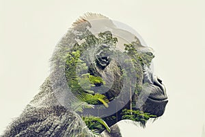 A gorilla overlaid with the lush greenery of a tropical rainforest in a double exposure