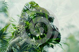 A gorilla overlaid with the lush greenery of a tropical rainforest in a double exposure