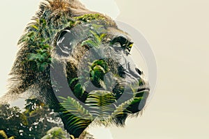 A gorilla overlaid with the lush greenery of a tropical rainforest in a double exposure