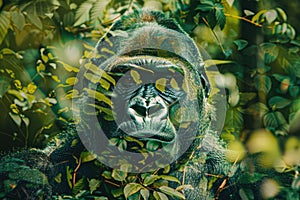 A gorilla overlaid with the lush greenery of a tropical rainforest in a double exposure