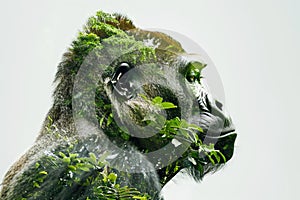 A gorilla overlaid with the lush greenery of a tropical rainforest in a double exposure