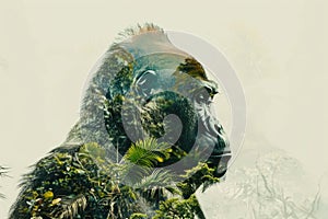 A gorilla overlaid with the lush greenery of a tropical rainforest in a double exposure