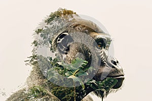 A gorilla overlaid with the lush greenery of a tropical rainforest in a double exposure