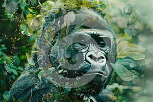 A gorilla overlaid with the lush greenery of a tropical rainforest in a double exposure