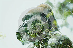 A gorilla overlaid with the lush greenery of a tropical rainforest in a double exposure