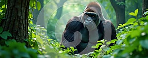 The gorilla s massive form is obscured by jungle undergrowth, undergrowth, tree photo