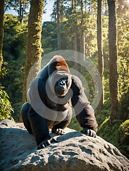Gorilla sitting on a rock in the forest. photo