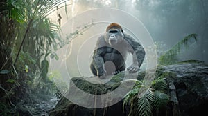 Gorilla sitting on a rock in a jungle with mist rising in the background. Generative AI