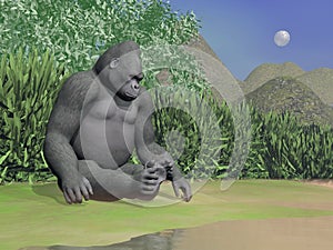 Gorilla thinking next to water - 3D render