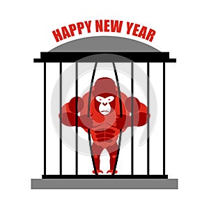 Gorilla wants to escape from cage. Symbol of new year red monkey