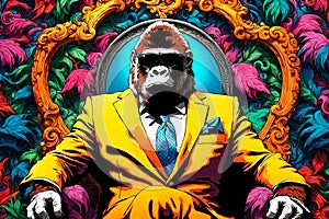 Gorilla wearing business suit seated regally on chair like a king