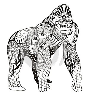 Gorilla zentangle stylized, vector, illustration, freehand pencil, hand drawn, pattern.