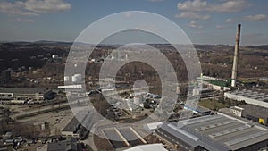 Gorlice, Poland - 3 9 2019: Industrial region of the Carpathian city. Top view of the refinery and auxiliary buildings. Video shot