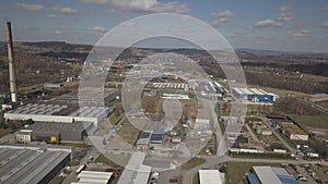 Gorlice, Poland - 3 9 2019: Industrial region of the Carpathian city. Top view of the refinery and auxiliary buildings. Video shot