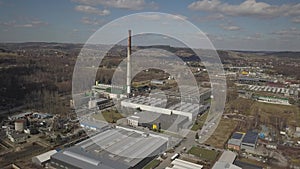 Gorlice, Poland - 3 9 2019: Industrial region of the Carpathian city. Top view of the refinery and auxiliary buildings. Video shot