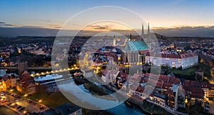 Gorlitz, Germany. Panoramic aerial view of old town at dusk