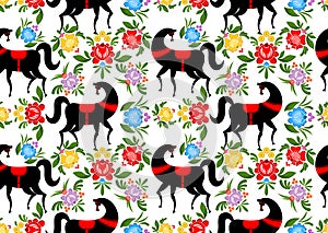 Gorodets painting Black horse and floral seamless pattern. Russian national folk craft ornament. Traditional decoration texture p