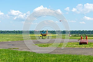 Gorodok. Ukraine. June 6, 2021. Tsuniv airfield. Training aircraft, taxiing to the runway. Sport. Extreme entertainment. Transport