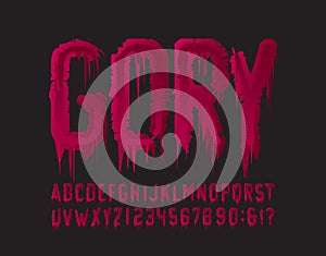 Gory alphabet font. Blood grunge letters and numbers.