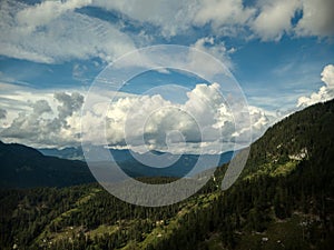 Gosausee mountain peaks aerial view with clouds