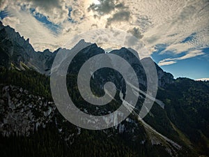 Gosausee mountain peaks aerial view with clouds