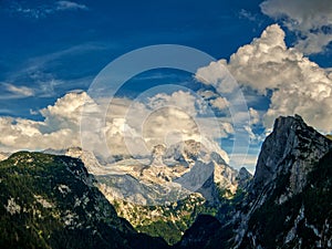 Gosausee mountain peaks aerial view with clouds