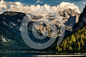 Gosausee mountain peaks view with clouds