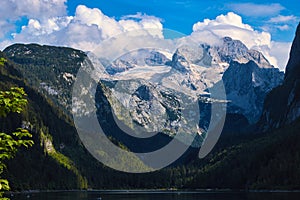 Gosausee mountain peaks view with clouds