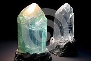 Goshenite is rare precious natural stone on black background. AI generated. Header banner mockup with space. photo