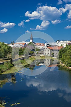 Gospic town panorama with river Novcica reflection