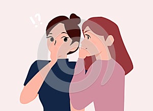 Gossip, Shocked two women friends spreading rumours gossiping sharing secrets illustration. word of mouth Concept