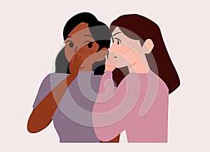 Gossip, Shocked two women friends spreading rumours gossiping sharing secrets illustration. word of mouth Concept