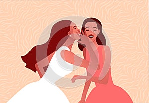 Gossip vector illustration. One excited girl whispers secret to girlfriend.