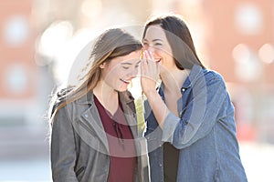 Gossip woman telling secret to her friend photo