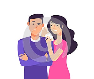 Gossiping. Woman speaking rumor gossip whisper secret to shocked man whispering vector cartoon concept