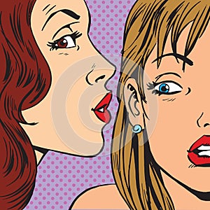 Gossips whisper of a womans ear. Emotional reaction men pop art