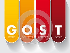 GOST Goals, Objectives, Strategies, Tactics marketing planning framework used to create corporate marketing plans, acronym