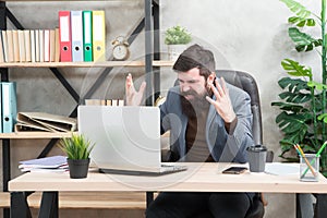 Got into mess. Man bearded boss manager sit office with laptop. Manager solving business problems online. Business man