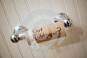 `Got Toilet Paper`, written in sharpie on cardboard toilet paper roll that is left hanging on the spool, on the wall photo