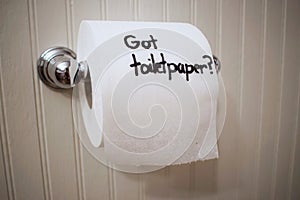 `Got Toilet Paper`, written in sharpie on a toilet paper roll