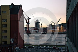 Goteborg industrial harbor port crane at sunset, Gothenburg, Sweden