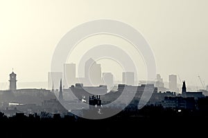 Gotham Retro Photo Filter - London Cityscape at Sunrise with early morning mist from Hampstead Heath looking towards