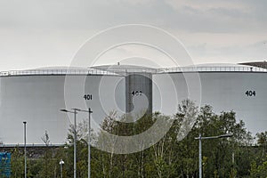 Gothenburg, Sweden - May 14 2021: Large oil storage tanks at a refinery