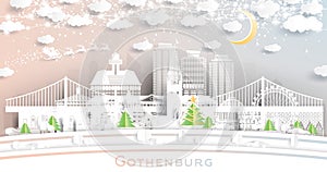 Gothenburg Sweden. Winter City Skyline in Paper Cut Style with Snowflakes, Moon and Neon Garland. Christmas, New Year Concept.