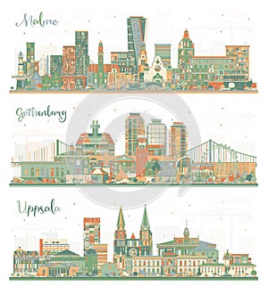 Gothenburg, Uppsala and Malmo Sweden City Skyline Set with Color Buildings