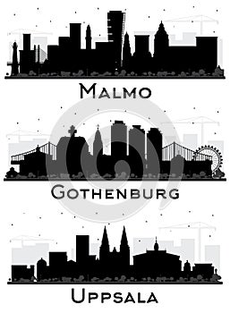 Gothenburg, Uppsala and Malmo Sweden City Skyline Silhouette Set