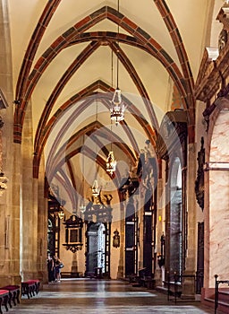 Gothic aisle of Gniezno Cathedral with symbolic sarcophagus and coffin of St. Adalbert, Sw. Wojciech, martyr in Gniezno, Poland