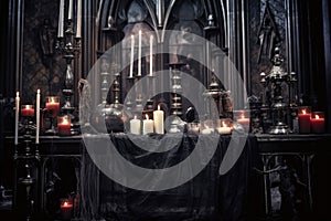 gothic altar with black candles and silver goblets